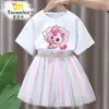Conjunto de Falda Corta de Manga Corta Divertido y Lindo Transfronterizo, Camiseta de Verano Estilo Coreano para Mujer con Falda de Malla de Longitud Media Estilo Princesa
