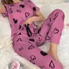 2026 Aliexpress Novo Conjunto Feminino com Estampa de Coração, Blusa de Manga Curta e Calça Longa, Roupa de Dormir, Pijama, Simples, Casual