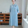 Verano 2024 Nueva ropa para mujer de talla grande chica rellenita algodón y lino estilo étnico bordado vestido de longitud media ropa de té mejorada