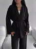 Conjunto de Nuevo Diseño Simple Transfronterizo para Mujer, Cárdigan con Lazo Ceñidor a la Cintura y Pantalones Largos, Conjunto Casual de Dos Piezas para Otoño en Casa