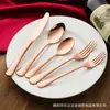 Venta al por mayor del fabricante Juego de cubertería con estampado de serpiente estilo europeo Juego de cinco piezas de acero inoxidable Cuchillo para bistec, Tenedor, Cuchara, Cucharita de café, Tenedor y cuchara de postre
