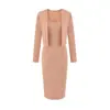 Vestido Sirena Bodycon Ajustado con Parches de Encaje Pure Desire con Cárdigan Corto de Manga Larga, Elegante Conjunto de Dos Piezas