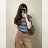 Camiseta Tricô de Manga Curta Listrada Azul para Mulheres, Top de Verão Slim-Fit com Manga Curta Bufante para Figuras Baixas