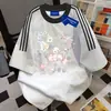 Camiseta de algodón puro de peso pesado, estilo coreano, con estampado de dibujos animados, holgada, adelgazante, de tres rayas, manga corta, top unisex de moda para verano, cuello redondo