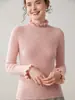 Outono e Inverno Novo Suéter Feminino de Cashmere Puro Slim Fit Listrado Renda Camisa para Camadas Top de Manga Longa Malha Malha