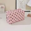 Bolsa de maquillaje acolchada con lunares negros, capacidad grande, de mano, tela de algodón, para guardar cosméticos, apta para viajar y bolsa de aseo portátil