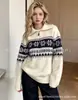 Suéter de punto jacquard Fair Isle con media cremallera transfronterizo europeo y americano para mujer, nuevo estilo retro holgado de otoño e invierno