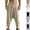 Pantalones jogger de lino para hombre, estilo europeo y americano, tiro bajo, tipo harén, holgados, con cordón, pierna ancha, para vacaciones en la playa, casual