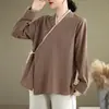 Camisa Hanfu modificada estilo chinês retrô com gravata diagonal para mulheres, corte solto, tamanho grande, traje de chá inspirado no Zen, top de algodão e linho para primavera