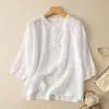 Camisa artística vintage de algodón y lino bordada de manga tres cuartos, conjunto de dos piezas para el verano para madres, top de color liso y pantalones de pierna ancha para mujer