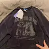 Camiseta de Manga Larga con Estampado de Gato Lavada y Desgastada Estilo Retro Americano para Mujer, Otoño High Street Estilo Bf Holgada de Longitud Media Top de Moda
