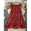 Falda midi de línea A con estampado floral y drapeado de cintura alta para mujer, nuevo estilo de verano, falda estampada vintage de longitud media adelgazante