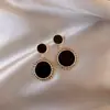 Pendientes Redondos Geométricos Negros Estilo Coreano de Aguja de Plata con Diamantes, Exquisitos y Sencillos, Pendientes Versátiles, Pendientes de Lujo Ligero de Gama Alta para el Día a Día