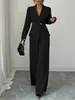 Traje casual de primavera y otoño para mujer europeo y americano, conjunto de dos piezas para dama con blazer largo de color liso con cuello en V y pantalones de pierna ancha