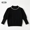Suéter de Punto Suave de Algodón para Niñas Transfronterizo con Patrón de Trenza en Forma de Rombo con Adorno de Diamantes, Cuello Semi-Alto, Top de Punto con Mangas Abullonadas para Niños