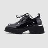 Sapatos de Couro com Strass, Salto Grosso e Plataforma, Femininos, Lançamento Primavera 2025, Couro Genuíno, Estilo Britânico, Metal, Pretos, Cadarço