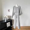 Otoño e invierno suelto manga murciélago talla grande mujeres traje de suéter de punto de un solo botón pantalones de pierna ancha de cintura alta fabricantes venta al por mayor