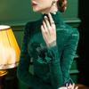 Camisa de encaje con cuello alto para mujer, corte entallado, manga abullonada, letras, jacquard, otoño e invierno, 2021