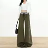 Calça Larga Simples para Mulheres, Novo Estilo Primavera/Verão 2026, Cintura Alta, Corte Reto, Fluida, Solta, Casual, Calça Verde Emagrecedora