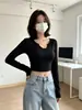 Camiseta de Manga Larga para Mujer, Estilo Corto Otoño e Invierno, Crop Top, Corte Ajustado, Ropa Interior Sexy, Camiseta Básica de Hombro Normal para Chica Joven