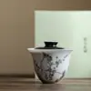 Tigela com Tampa de Cor Esmalte Mi Yan Tinta Pura Pintada à Mão Flor de Ameixa Argila de Jade Feita à Mão Aro Fino Tigela de Chá Estilo Japonês Conjunto de Chá Kung Fu Não Esquenta