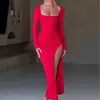 2026 Ropa Femenina Transfronteriza Europea y Americana Vestido Largo Ajustado de Color Sólido con Escote Cuadrado y Abertura, Sexy y con Temperamento para Banquetes y Fiestas