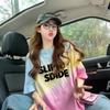Playera Holgada de Algodón Puro con Estampado de Letras Estilo Harajuku para Mujer, Tendencia Superior de Moda de Este Año con Color Degradado Popular de Longitud Media y Aspecto Adelgazante