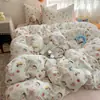 Conjunto de quatro peças de algodão puro fresco e simples, classe A, toque de nuvem, gaze de camada dupla, conjunto de três peças para dormir nu, capa de edredom de desenho animado para dormitório, individual/casal