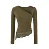 Conjunto de Estilo Ligeramente Maduro Parche de Encaje Asimétrico Cuello Manga Larga Camiseta Mujer Otoño Ajustado Ceñido a la Cadera Conjunto de Dos Piezas Chica Ardiente