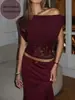 Camiseta Elegante para Mujer con Hombros Descubiertos, Patchwork de Encaje, Ajustada a la Cintura, Slim-Fit, con Hombros Descubiertos FruncidosExclusivo Transfronterizo