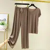 Pantalones Cortos de Seda de Hielo Conjunto para el Hogar Conjunto de Camiseta con Cuello en V para Mujer Verano Delgado Casual Ropa de Abrigo Color Sólido Pijama Conjunto de Dos Piezas