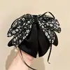Grampo de Garra para Rabo de Cavalo com Laço de Fita de Cetim com Bolinhas High-End Retro Outono Inverno Novo Grampo para Cabelo Meio Preso na Nuca para Mulheres