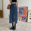 Saia Midi Jeans de Cintura Alta para Mulheres 2025 Primavera Nova Slim Linha A Lápis com Fenda
