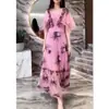 88396 Daaimaiyiyuan Novo Vestido Longo de Chiffon com Estampa Floral para o Verão de 2025, Elegante e Emagrecedor Vestido Feminino