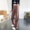 Calça Jeans Casual Simples Solta de Perna Larga Cintura Alta Cor Sólida Marrom Café Dopamina Feminina Primavera e Outono