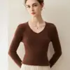 Suéter de malha 100% caxemira pura com decote V e corte justo para mulheres, novo suéter básico de manga longa para outono e inverno, estilo suave pullover