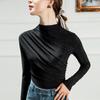 Outono e Inverno Nova Seda Brilhante Pequena Gola Alta Camisa Base Plissada Slim-Fit Design Sense Stylist Camisa Interna Feminina de Manga Longa