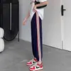 Calça esportiva feminina listrada, fina para primavera e outono, cintura alta, solta, modelagem slim, cropped, estilo coreano para estudantes, calça jogger, harém, casual