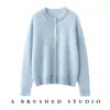 25 Anos Novo Outono e Inverno 100% Caxemira Gola Redonda Cardigan Tricotado Gola Bordado Diamante Escovado Macio Ceroso Quente Suéter de Caxemira