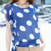 Leche de Papaya Verano Nuevo Top Estilo Coreano Suelto Lunares Cuello Redondo Jersey Manga Corta Ajustado con Cordones Camisa de Gasa para Mujer