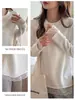 Camiseta Longa Preguiçosa de Início de Outono Selecionada Cuidadosamente para Mulheres com Top de Renda Splicing de Design Camisa Base Casual Solta