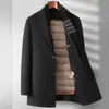Casaco de lã masculino para outono e inverno, de comprimento médio, com gola cachecol removível e forro de colete de plumas removível, jaqueta de lã