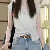 Top de punto gris con botón lateral, cuello redondo, manga corta para mujer, camiseta de verano holgada, nuevo top ajustado 2026