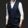 Chaleco Cardigan para Hombre de Negocios Jacquard Color Sólido Engrosado Crujiente Mezcla de Lana Estilo Occidental