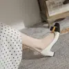 Sapatos de Pele de Ovelha Estilo Chanel Salto Grosso Camada Única Feminino Primavera e Outono 2024 Cor Elegante Combinada Sapatos Rasos Estilo Francês para Mães Sapatos Profissionais de Salto Alto