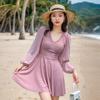 Biquíni Cortado Feminino Conservador que Cobre a Carne Emagrecedor Cor Sólida Manga Longa Proteção Solar Elegante Cintura Alta Casual Roupa de Banho para Férias Feminina