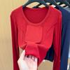 Playera sencilla de hombro descubierto de manga larga para mujer 2025 Primavera Nueva Playera ajustada de cuello redondo para mujer Top ajustado con cintura de espina de pescado
