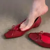Zapatos Planos de Ballet para Mujer Chuyuji Estilo Retro Francés Rojo con Nuevo Lazos y Punta Cuadrada