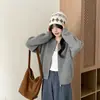 Cardigan com Zíper Waffle Feminino Curto Gola Redonda Solto Malha Macia Jaqueta Casual para o Trabalho Top Simples