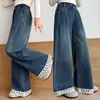 Pantalones vaqueros anchos para niña, nuevos de otoño 26 con ribete de encaje, pantalones largos rectos de cintura alta casual para niños grandes de primavera y otoño